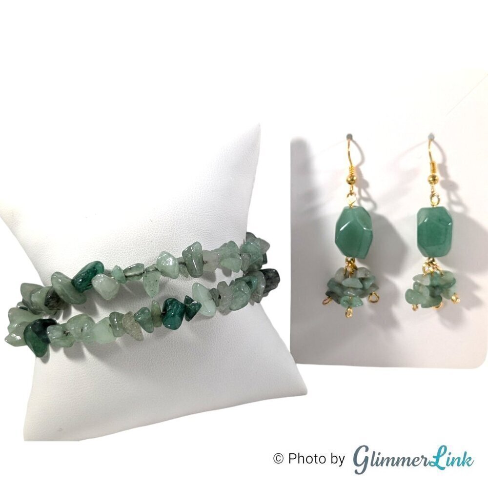 Aventurine Stone Chip Nugget Dangle Earrings & Wrap Around Bracelet Jewelry Set